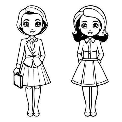 Vector illustration of cute girls in school uniform. Black and w