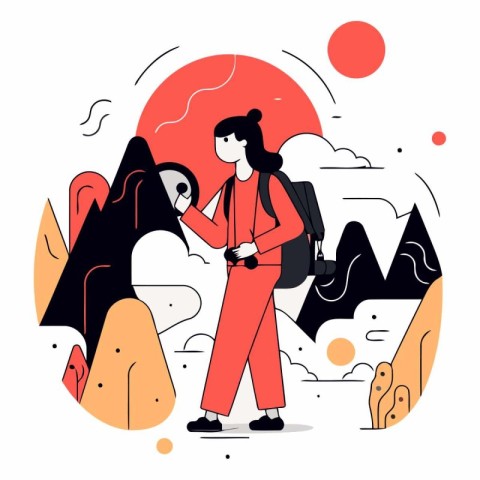 Tourist girl with backpack and map in flat style