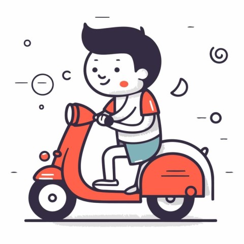 Cute little boy riding scooter in cartoon style