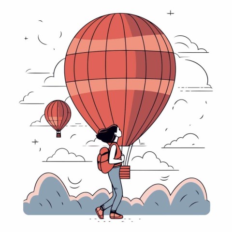 Tourist with backpack and hot air balloon cartoon vector illustr