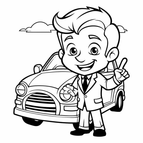 Black and White Cartoon Illustration of Kid Driving a Car for Co