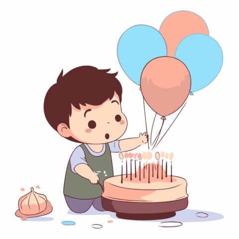 Cute Little Boy Playing with Birthday Cake and Balloons Vector I