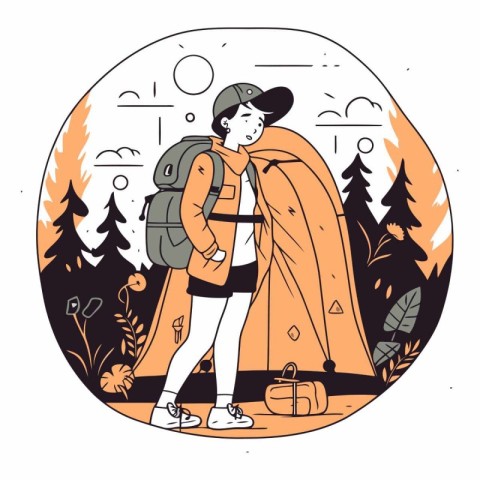 Hiking woman with backpack in a flat style.