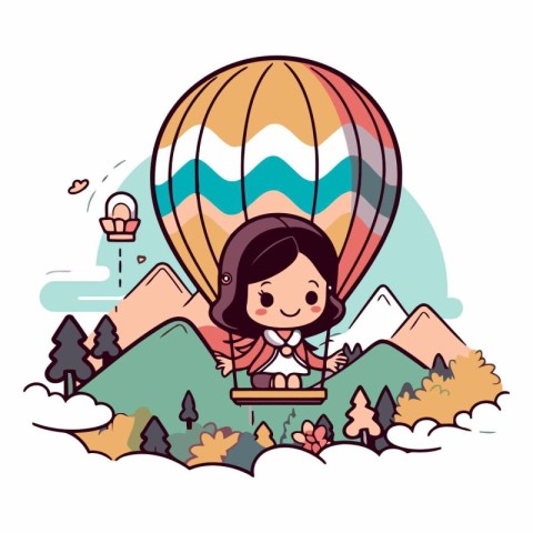 Girl flying on hot air balloon in the mountains.