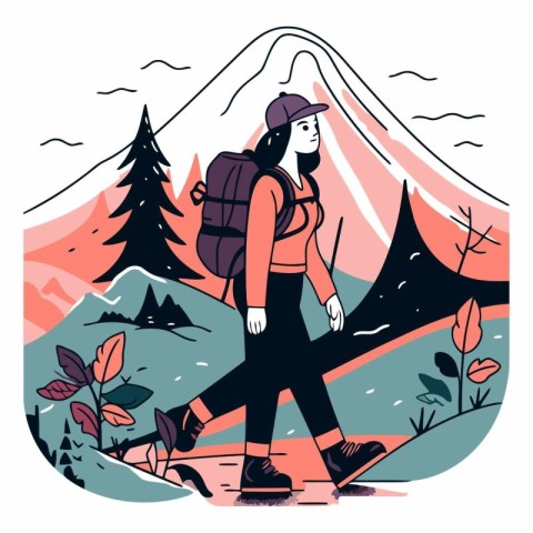 Hiking girl with backpack in mountains in flat style