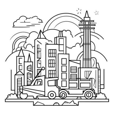 Line art vector illustration of cityscape with cars. houses and