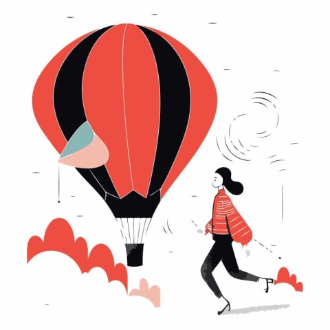 Woman flying on hot air balloon in flat style.