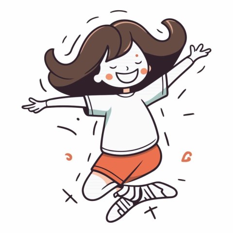 Happy smiling girl jumping in the air in cartoon style.