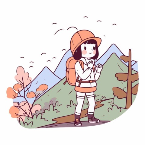 Girl hiker with backpack in mountains. flat style