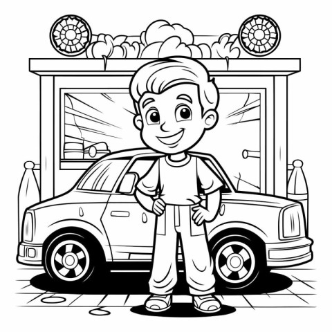 Black and white illustration of a boy standing next to his car.