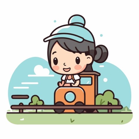 Girl riding a train in the park. cute cartoon vector illustratio