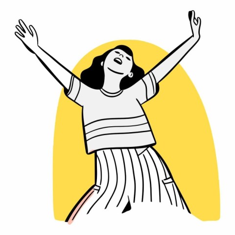 Happy young woman with raised hands in cartoon style.