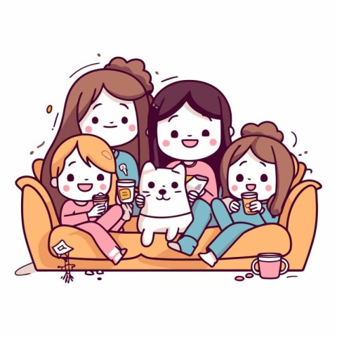 Family sitting on the sofa and eating ice cream.