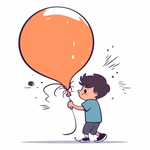 Little boy playing with a balloon in cartoon style.