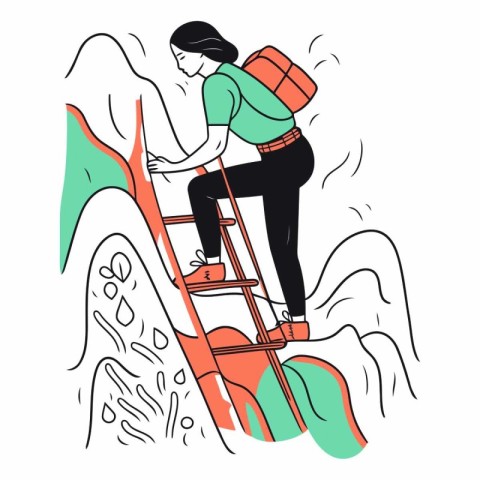 Vector illustration of a woman climbing a ladder to the top of t