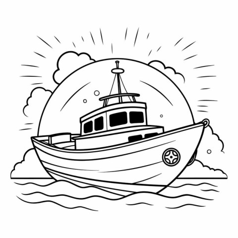 Fishing boat in the sea. Black and white vector illustration.