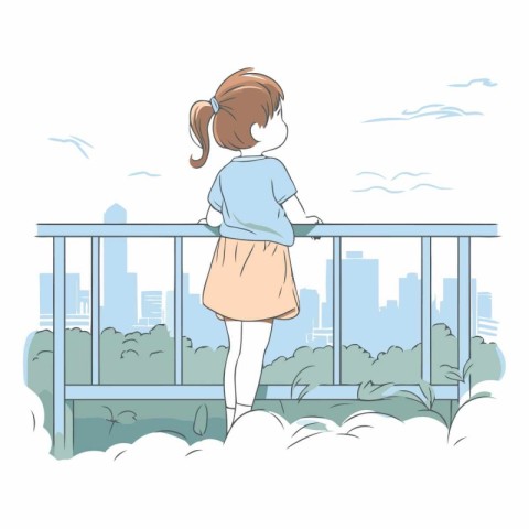 Little girl standing on balcony and looking at city.