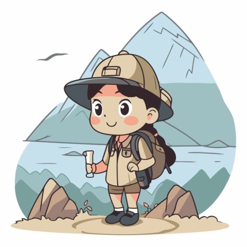 Boy scout with backpack and map in the mountains.