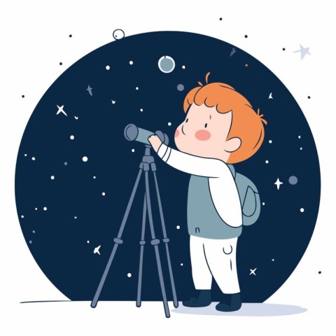 Cute little boy looking through telescope in cartoon style.