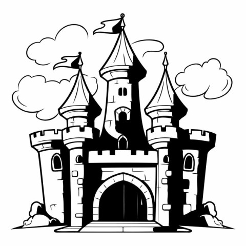 Fairytale castle. Black and white vector illustration for colori