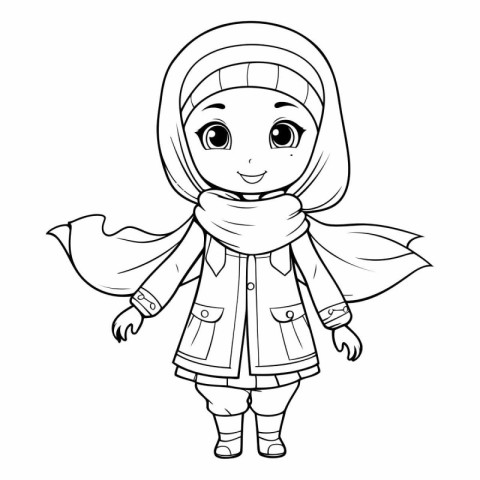 Cute little girl in winter clothes for coloring book.