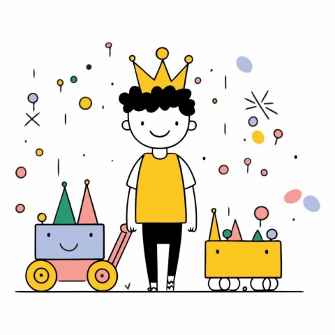 Cute boy with a cart of toys in flat linear style.