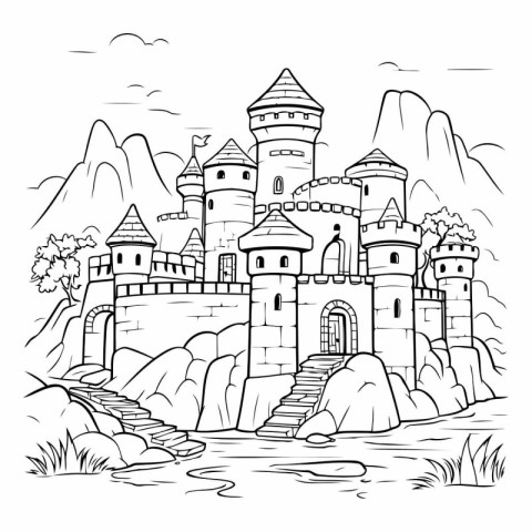 Coloring book for children. Castle on the rocks