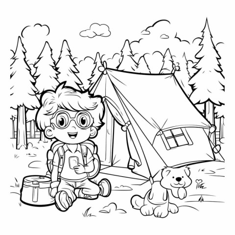 Black and White Cartoon Illustration of Kid Boy Camping with His