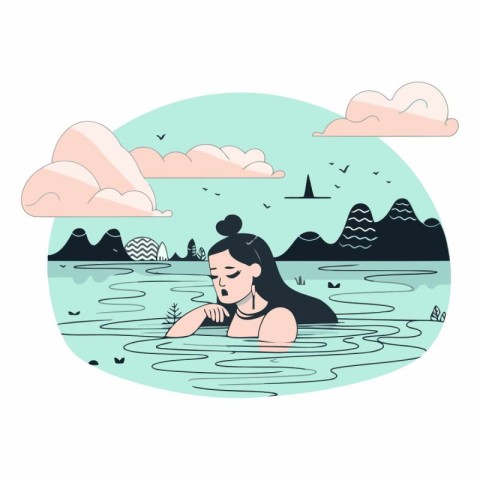 Girl in the sea in a flat linear style.