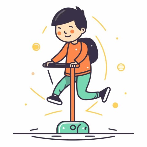 Boy riding a scooter in a flat style.