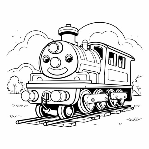 Black and White Cartoon Illustration of Funny Steam Locomotive f