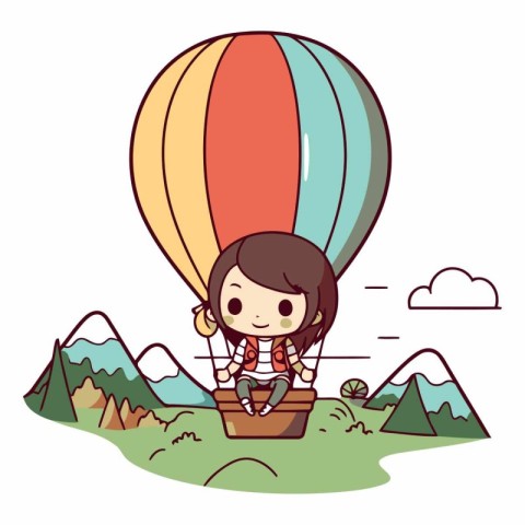 cute little girl in hot air balloon cartoon vector illustration