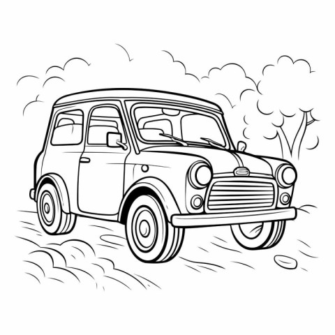 Retro car in the countryside. Hand drawn vector illustration in