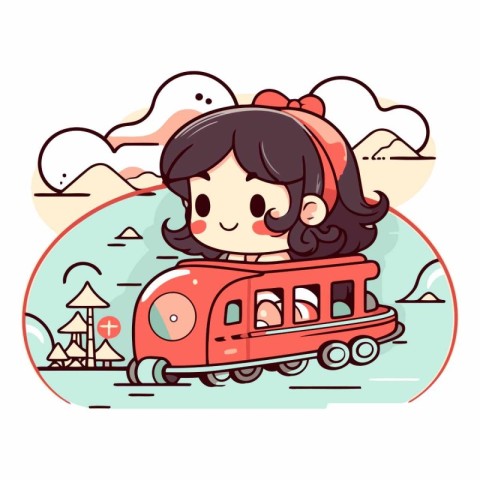 Cute little girl riding a train on the beach.