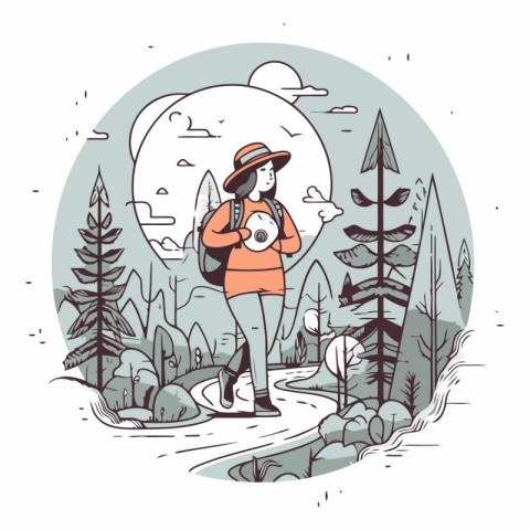 Vector illustration of a girl with a backpack hiking in the fore