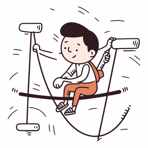 Cute little boy with a selfie stick. Vector line art illustratio