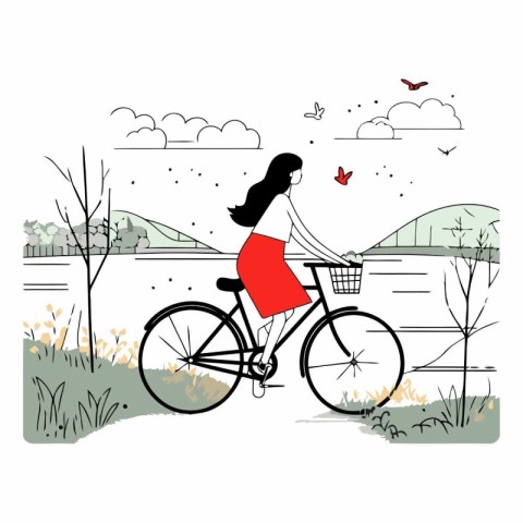 Vector illustration of a young woman riding a bicycle in the par