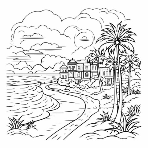 Coastline with palm trees. houses and river.