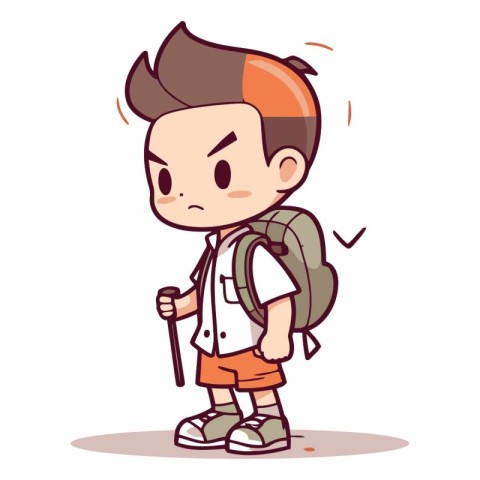 Boy going to school with a backpack and walking stick vector ill