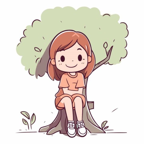 Cute little girl sitting on a tree and smiling.