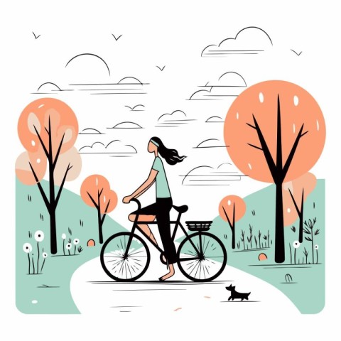 Vector illustration of a woman riding a bicycle in the park. Fla