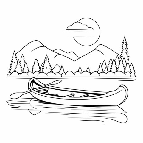 canoe on lake with pine trees and mountains vector illustration