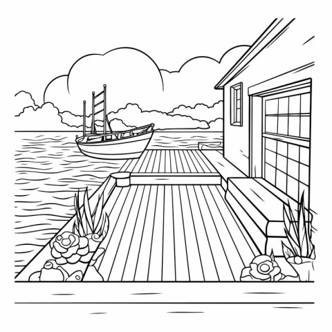 Wooden pier with a sailboat on the lake. Black and white vector