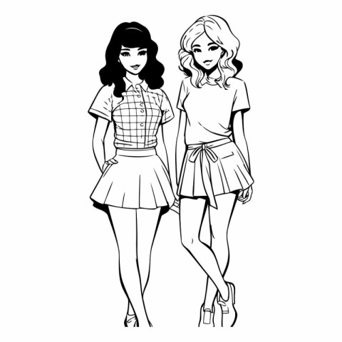 Beautiful young women in sketch style. Black and white.