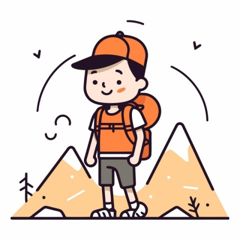 Cute boy with backpack hiking in mountains. Vector line art illu