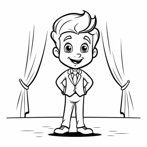 Cartoon businessman standing in front of the curtain.