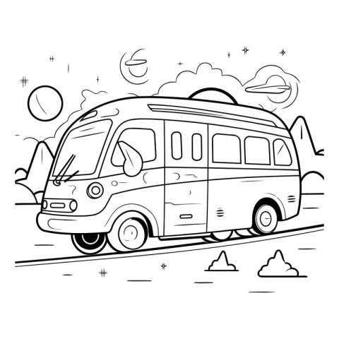 Hand drawn vector illustration or drawing of a camper van on the