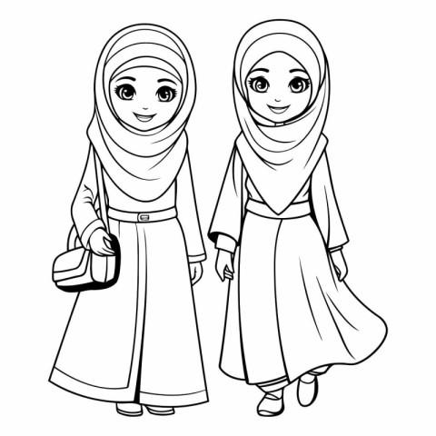 cute muslim girls wearing traditional clothes cartoon vector ill