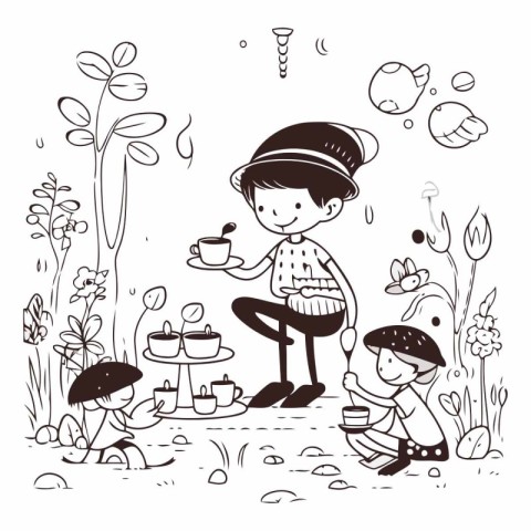 Children drinking tea in the garden. Hand-drawn vector illustrat