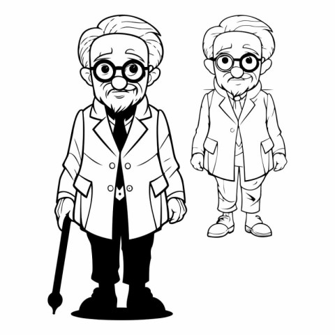 Old man and woman doctor cartoon in black and white vector illus